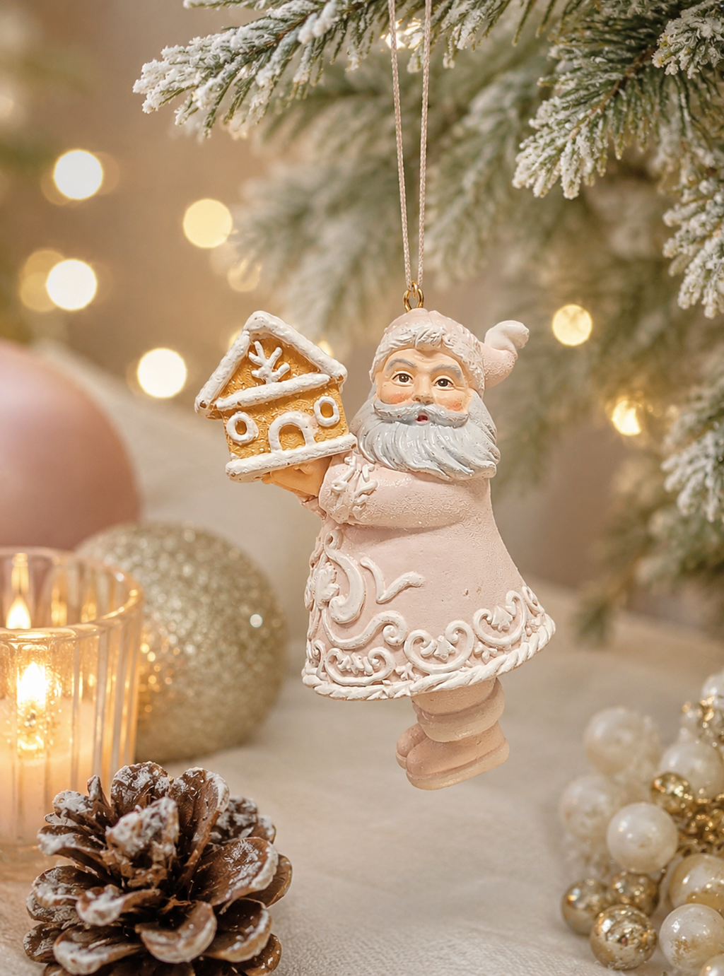 Pastel pink Santa ornament holding a gingerbread house, hanging on a flocked Christmas tree branch with candlelight and gold baubles in the background