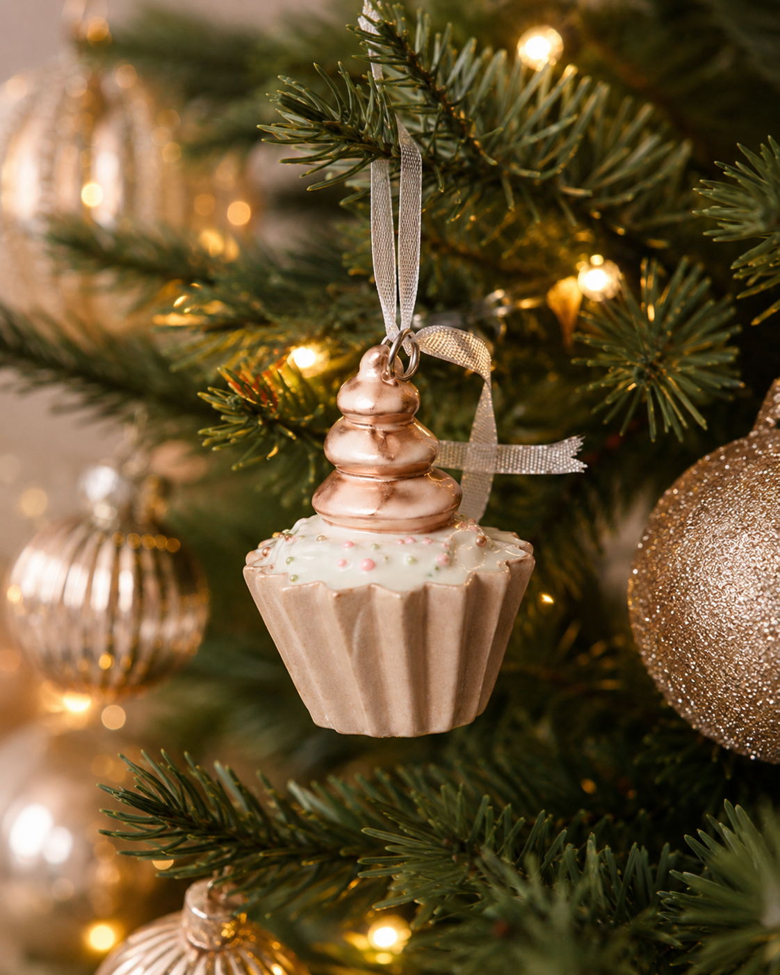 Pink swirl cupcake ornament hanging on a Christmas tree branch surrounded by gold baubles and fairy lights