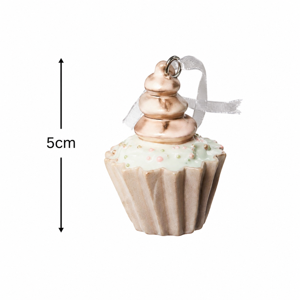  Pink swirl cupcake ornament on a white background with a measurement arrow showing 5cm high