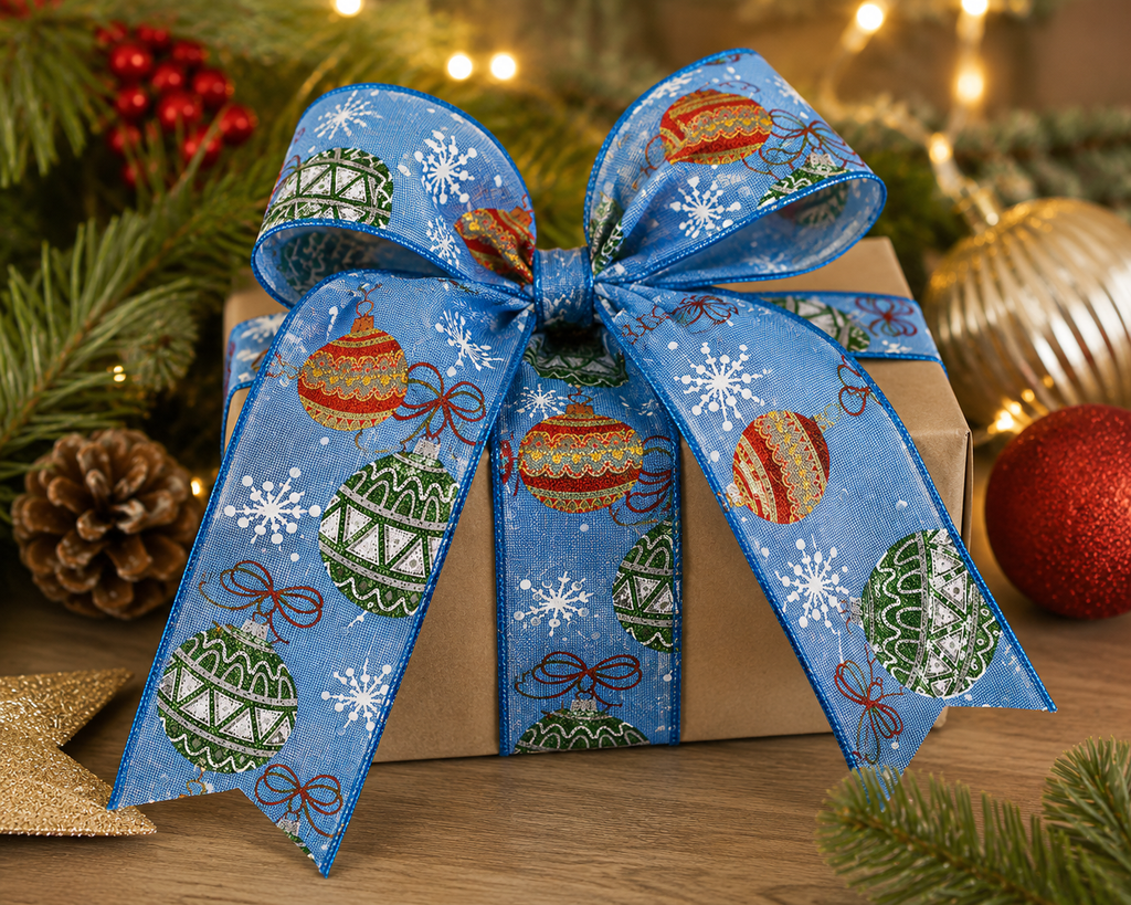 Blue bauble print wired ribbon tied into a large bow on a brown paper gift box, surrounded by pine, pinecones, and baubles