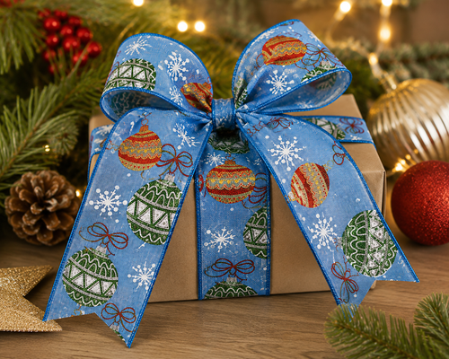 Blue bauble print wired ribbon tied into a large bow on a brown paper gift box, surrounded by pine, pinecones, and baubles