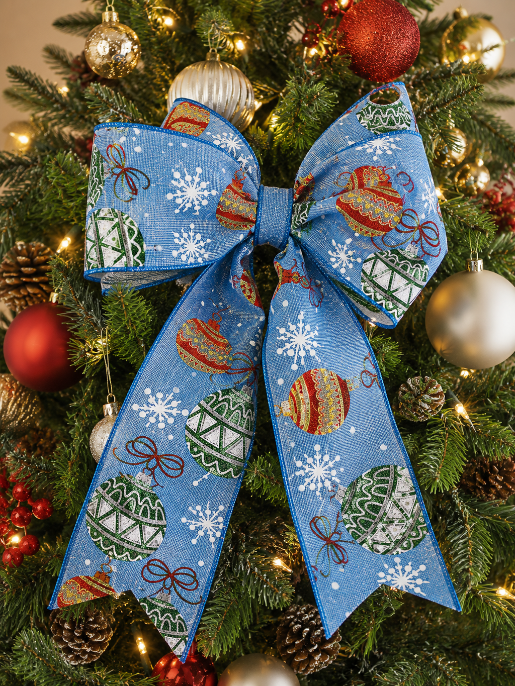 Blue bauble print wired ribbon tied into a bow on a Christmas tree among gold and red baubles