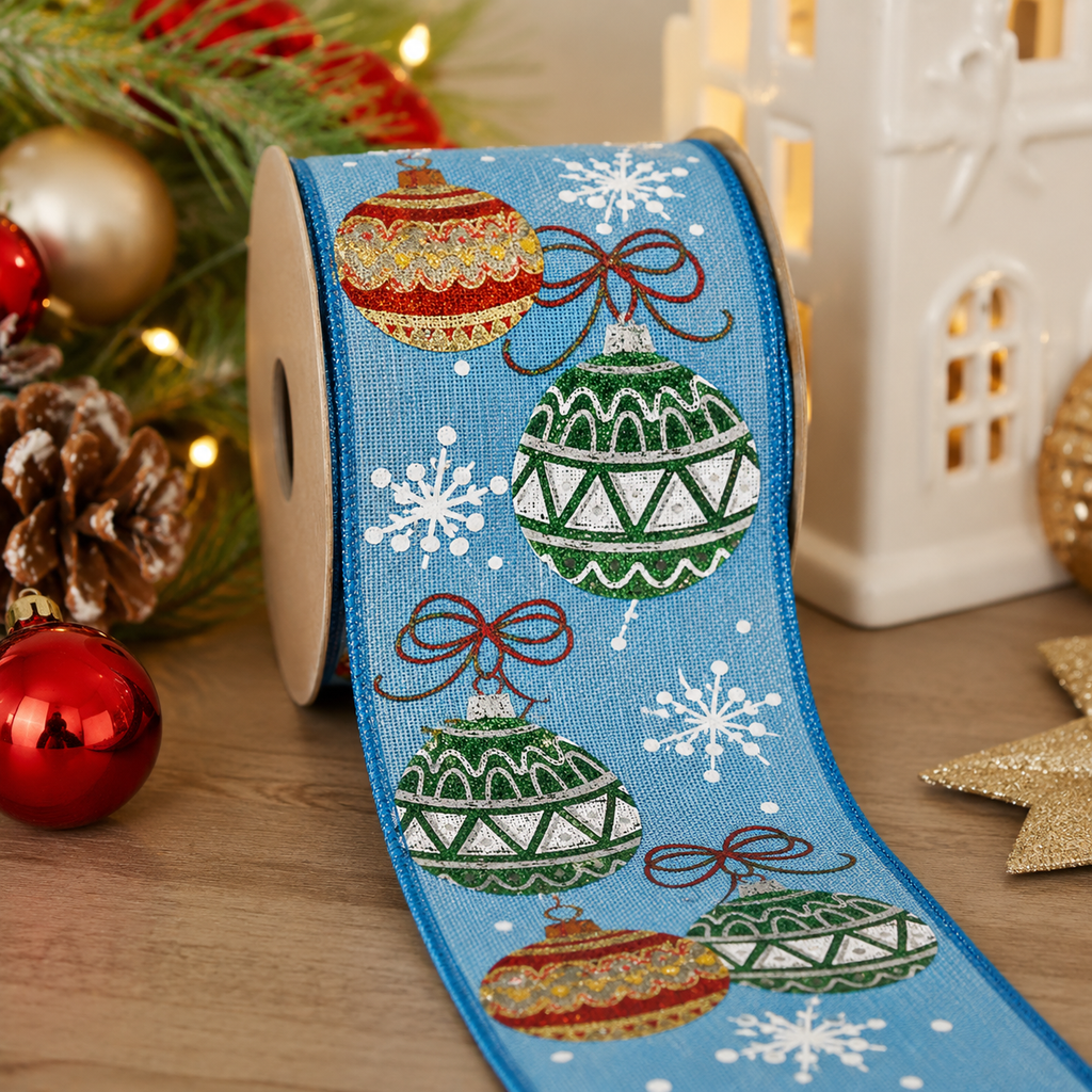 Roll of blue bauble print wired ribbon standing beside pinecones and a white lantern