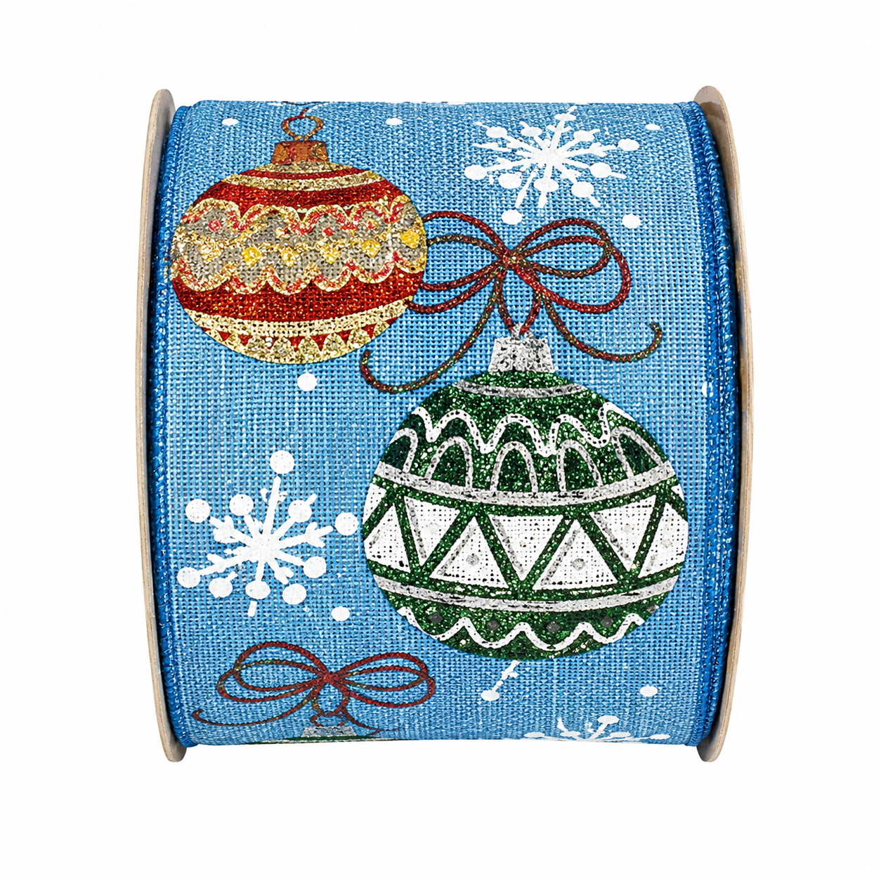 Close-up of blue bauble print wired ribbon roll showing the glitter ornament and snowflake pattern