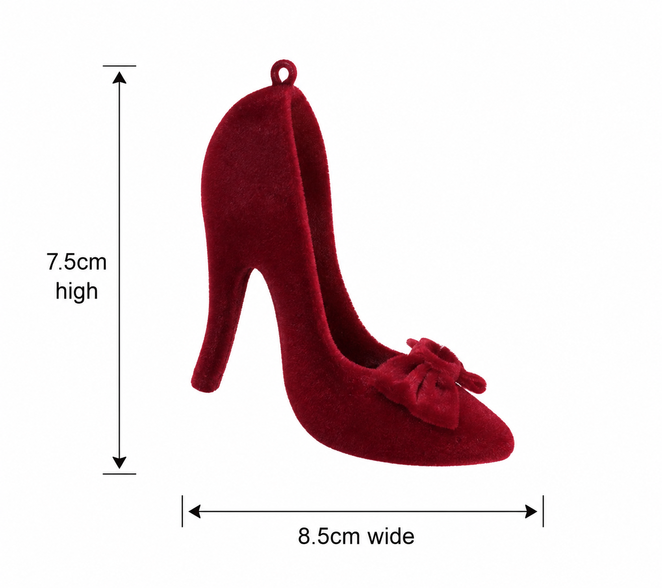 Red velvet high heel ornament on a white background with measurement arrows showing 7.5cm high and 8.5cm wide