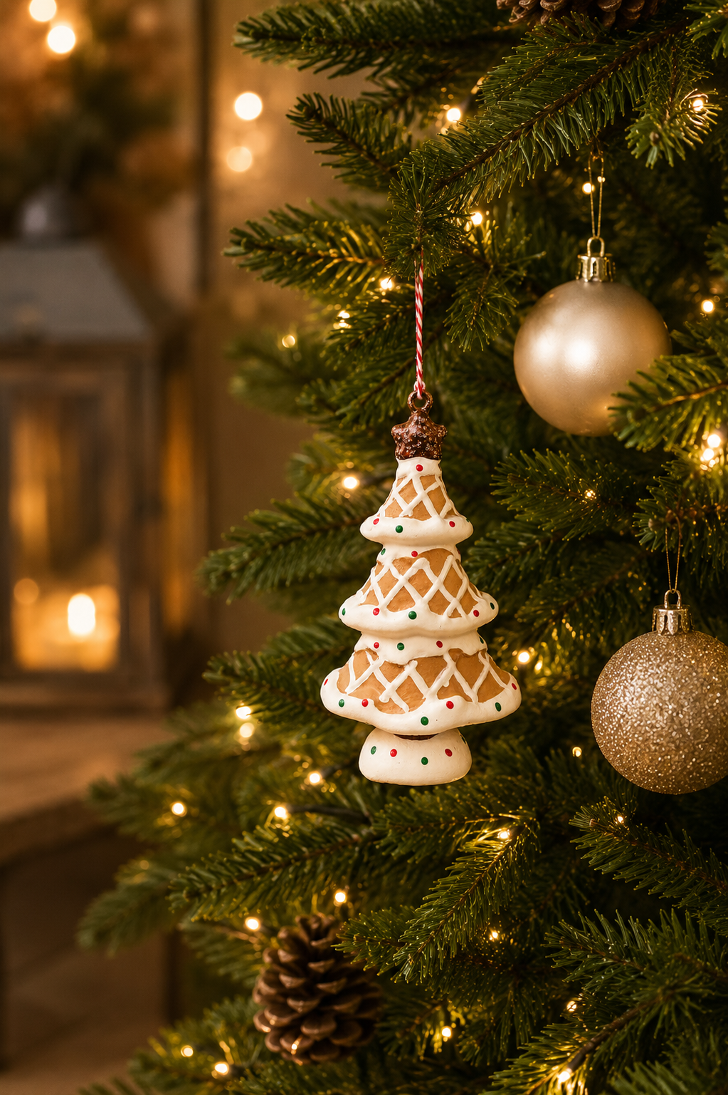 Gingerbread Christmas Tree Hanging Ornament hanging from a pine branch alongside gold baubles, with lantern glow and pine cones in background