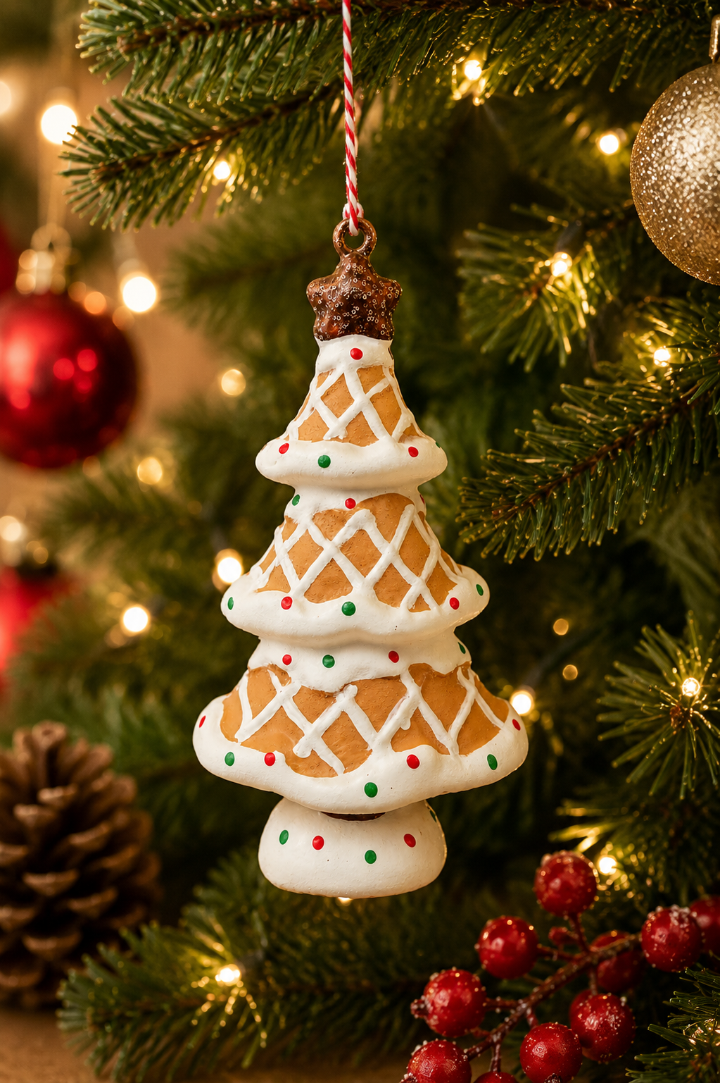Gingerbread Christmas Tree Hanging Ornament on a decorated Christmas tree with warm fairy lights, red baubles, pine cones and red berries