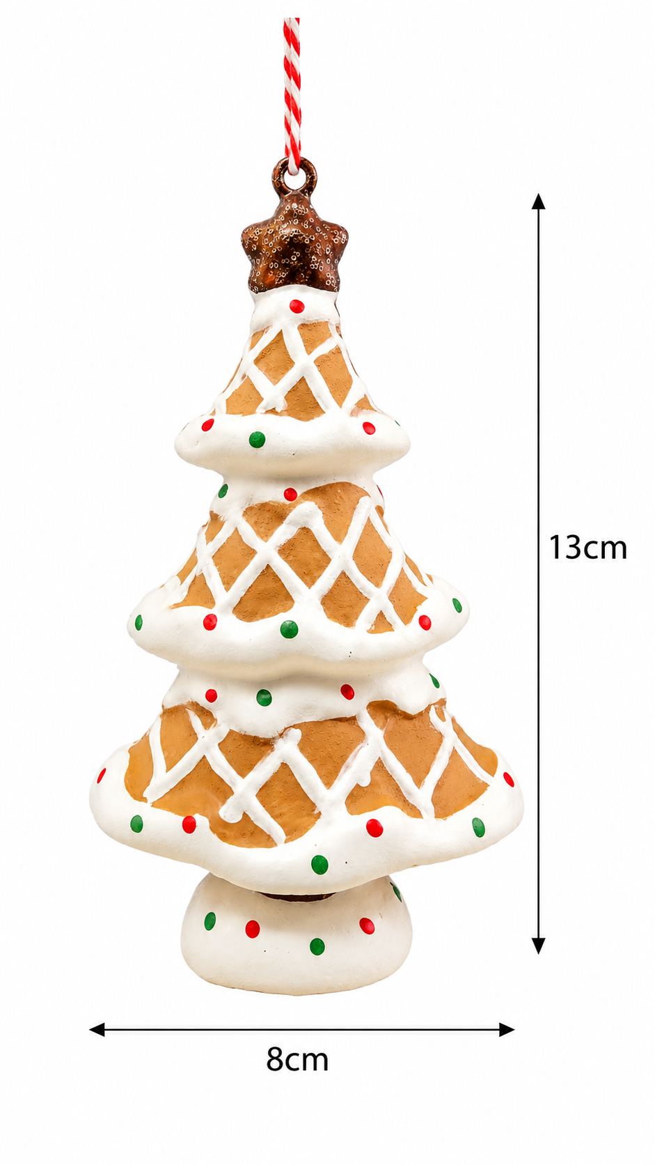 Gingerbread Christmas Tree Hanging Ornament on white background showing dimensions — 13cm tall by 8cm wide