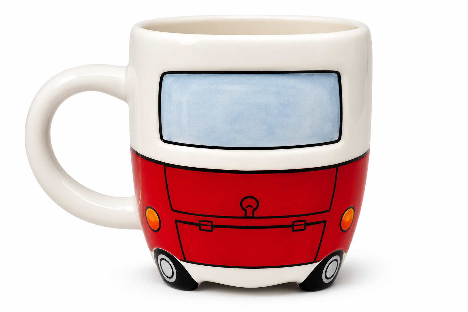Rear view of red Kombi van ceramic mug showing back door, latch detail and tail lights on white background