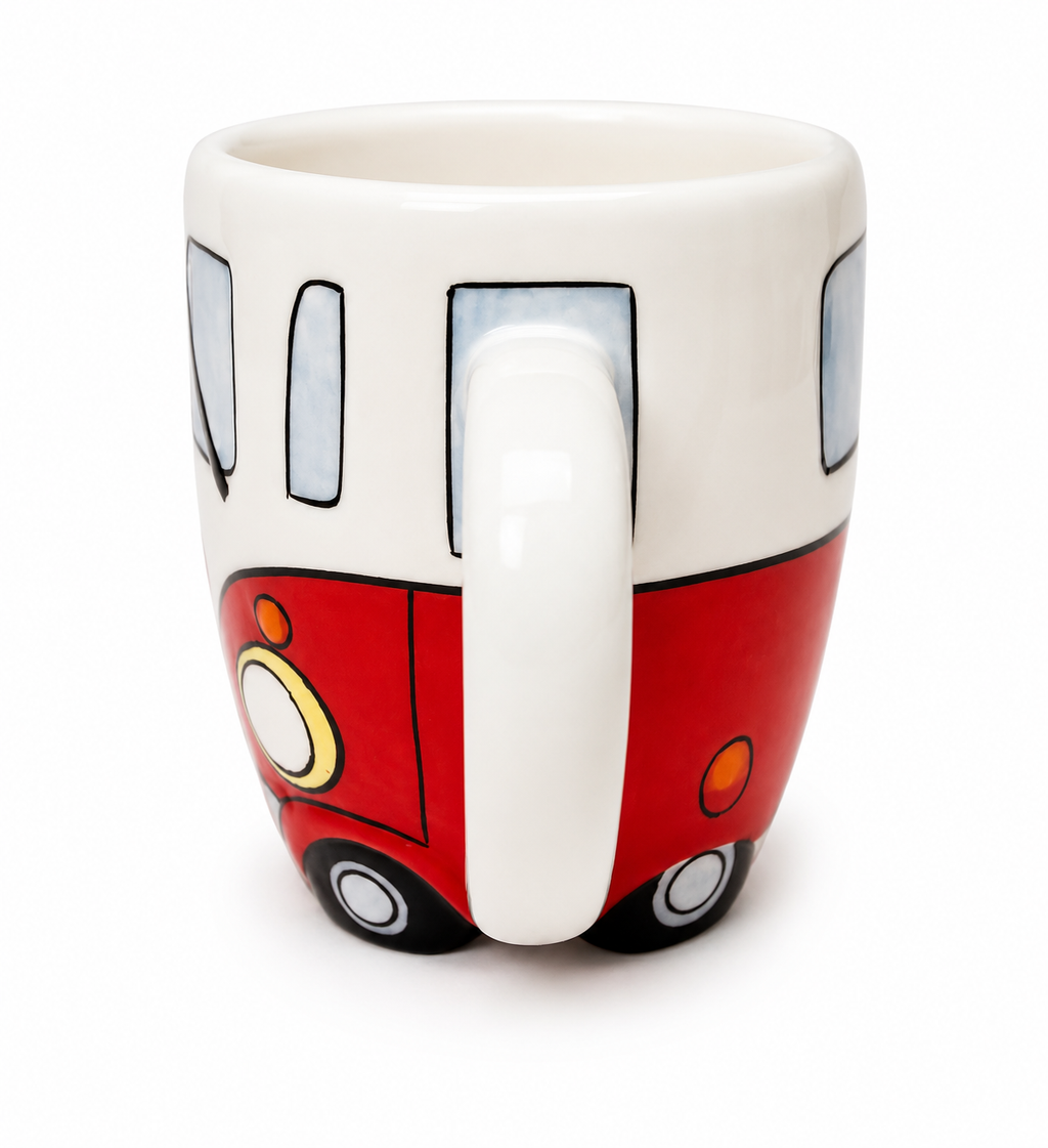 Side view of red and white Kombi van ceramic mug showing side windows and handle detail on white background