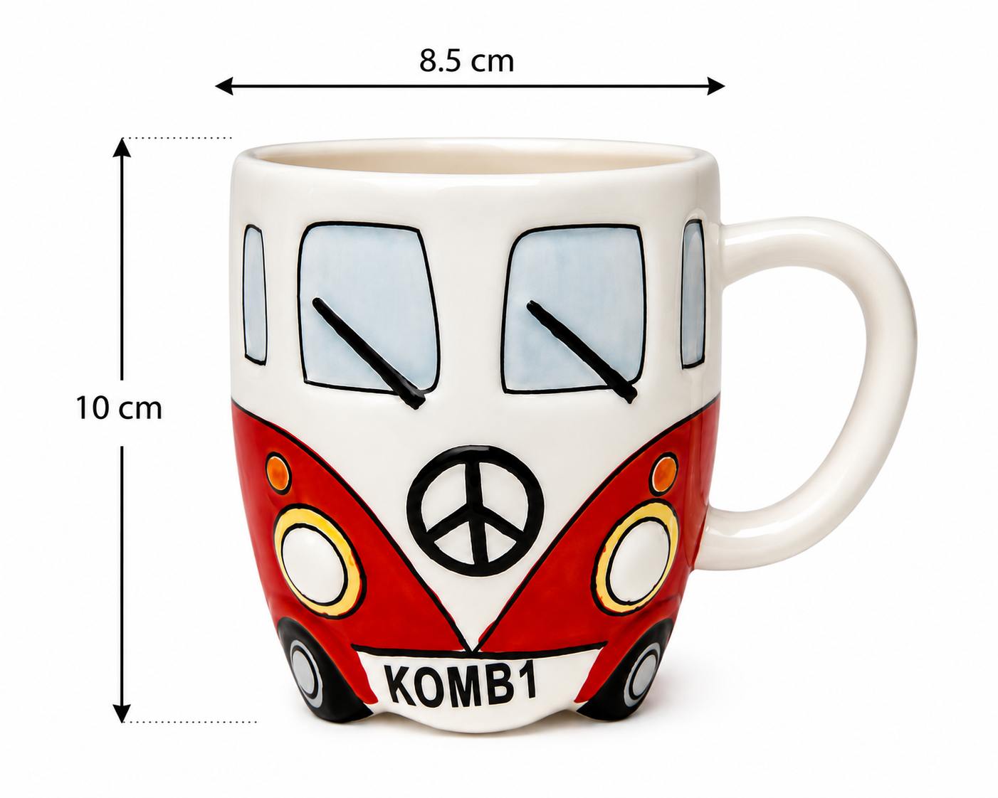 Red Kombi van ceramic mug dimensions — 8.5cm wide by 10cm tall, front view showing KOMB1 number plate on white background