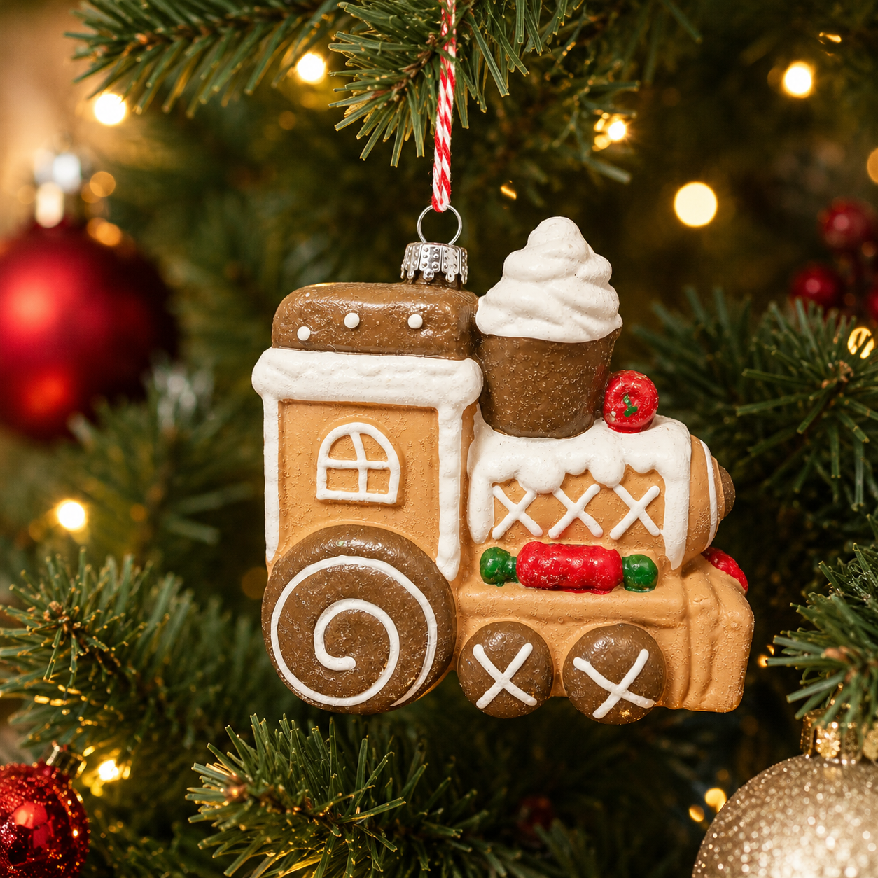 Gingerbread Train Hanging Ornament hanging on a decorated Christmas tree, surrounded by warm fairy lights and red baubles