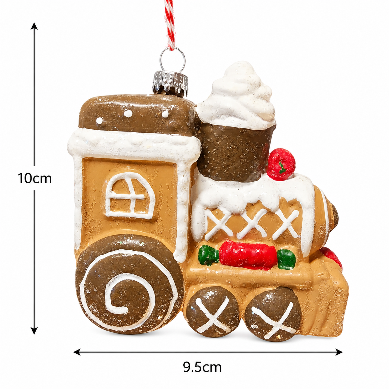 Gingerbread Train Hanging Ornament on white background showing dimensions — 10cm tall by 9.5cm wide