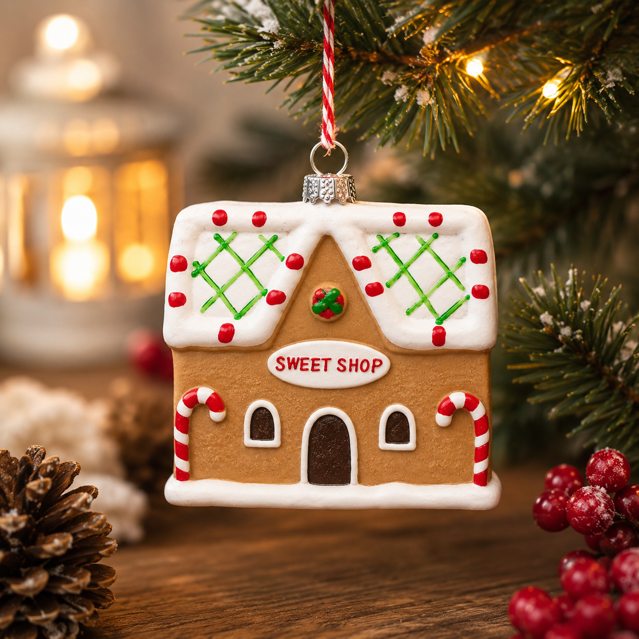 Gingerbread Sweet Shop Hanging Ornament hanging from a snowy pine branch with lantern, pine cones and frosted red berries in background