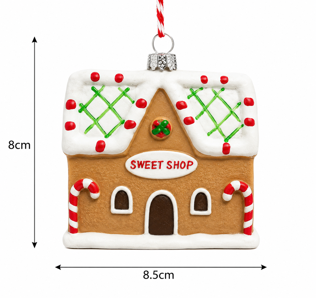 Gingerbread Sweet Shop Hanging Ornament on white background showing dimensions — 8cm tall by 8.5cm wide