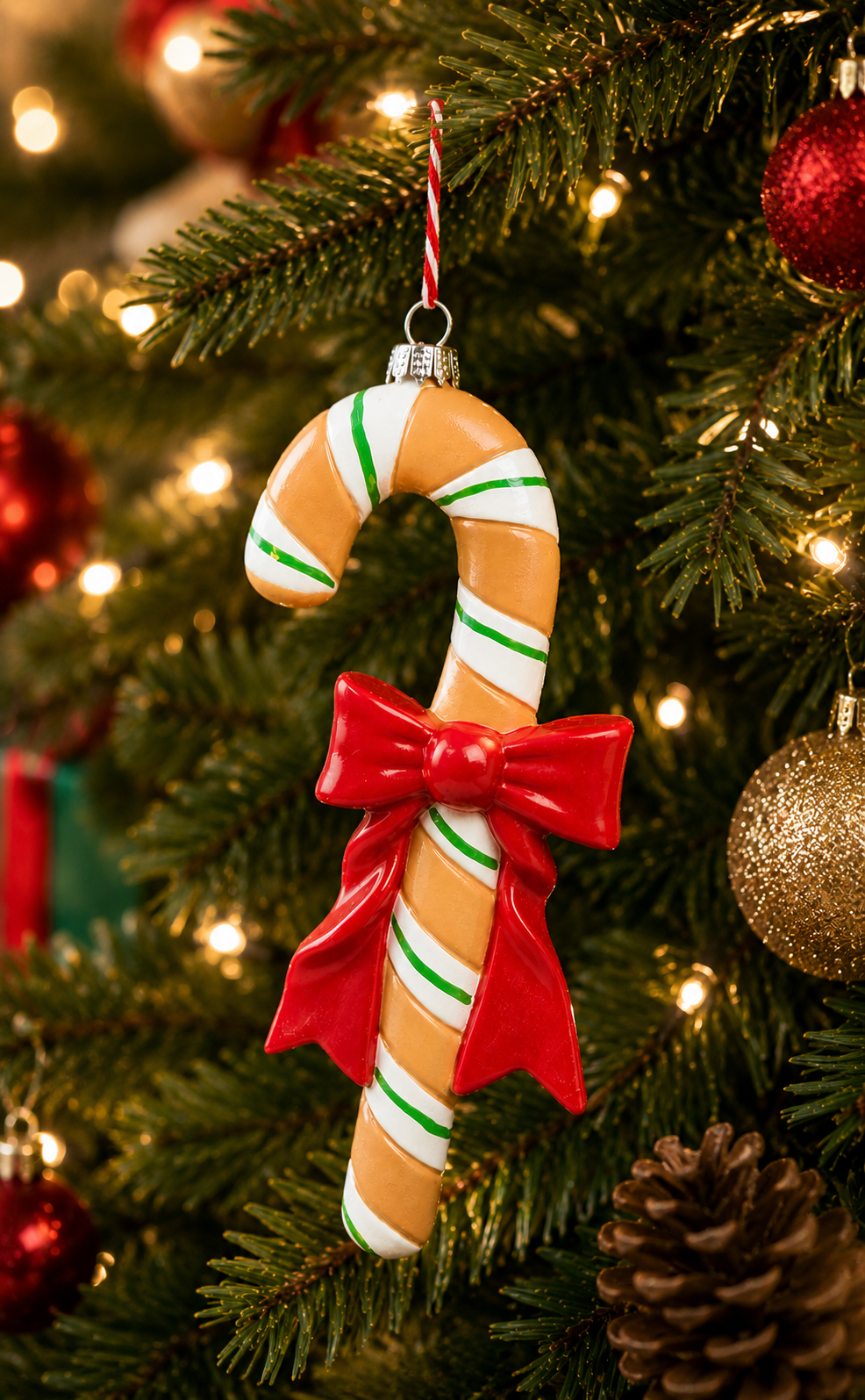 Gingerbread Candy Cane Hanging Ornament on a decorated Christmas tree with warm fairy lights, red baubles and pine cones