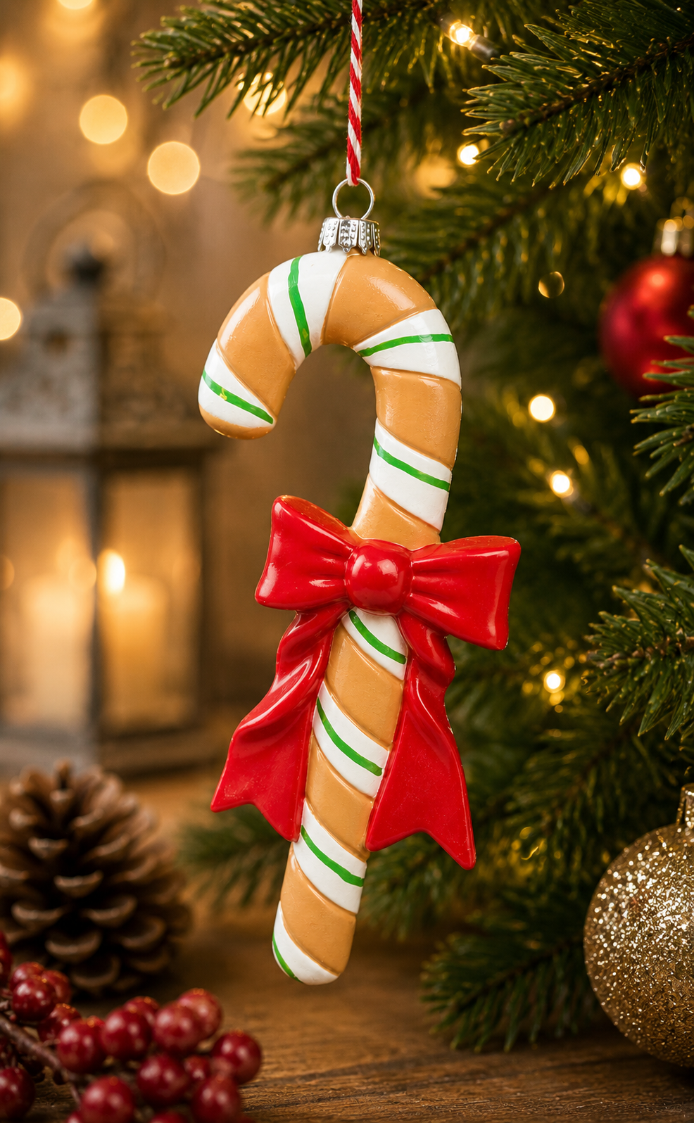 Gingerbread Candy Cane Hanging Ornament hanging from a pine branch with lantern glow, pine cones and red berries in background