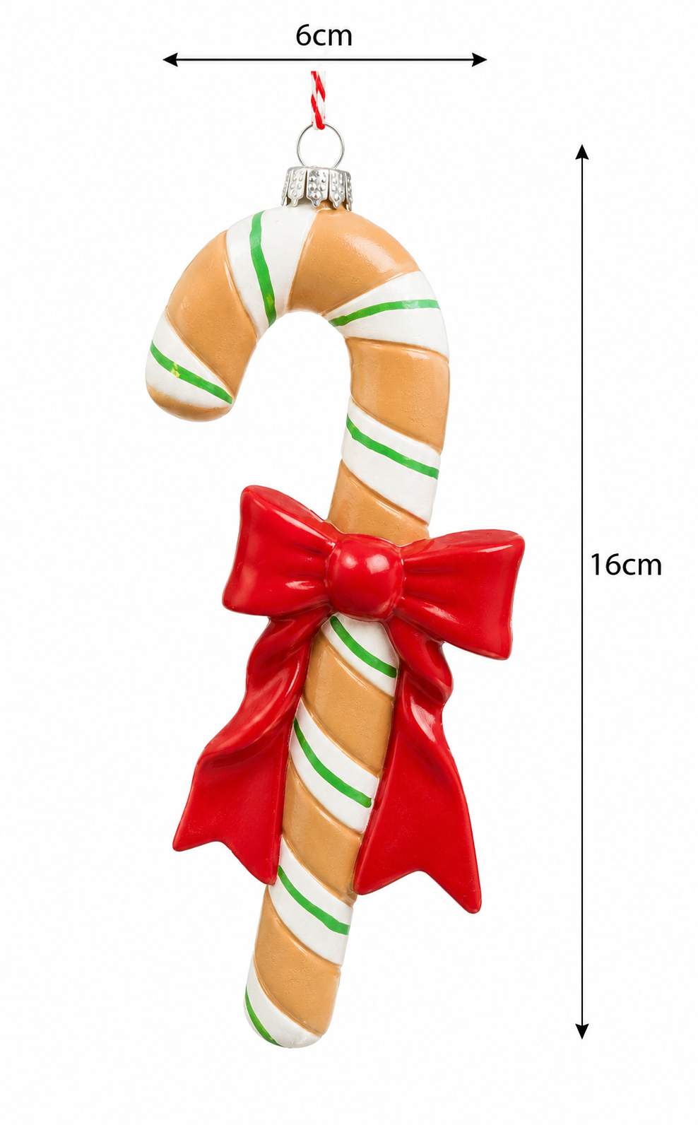 Gingerbread Candy Cane Hanging Ornament on white background showing dimensions — 16cm tall by 6cm wide