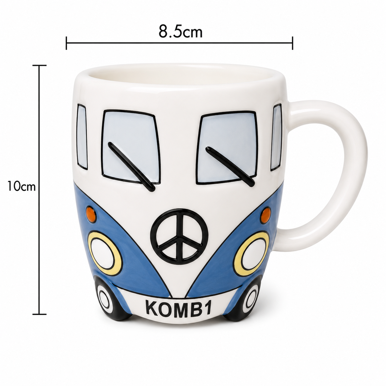 Blue Kombi van ceramic mug dimensions — 8.5cm wide by 10cm tall, front view showing peace sign and headlights on white background