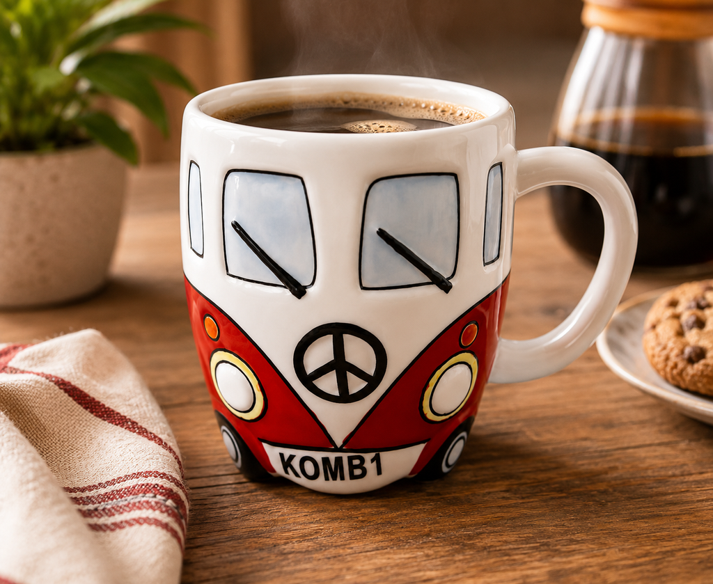 Red Kombi van ceramic mug filled with black coffee, styled on a wooden coffee table with a plant and magazine in a cosy living room