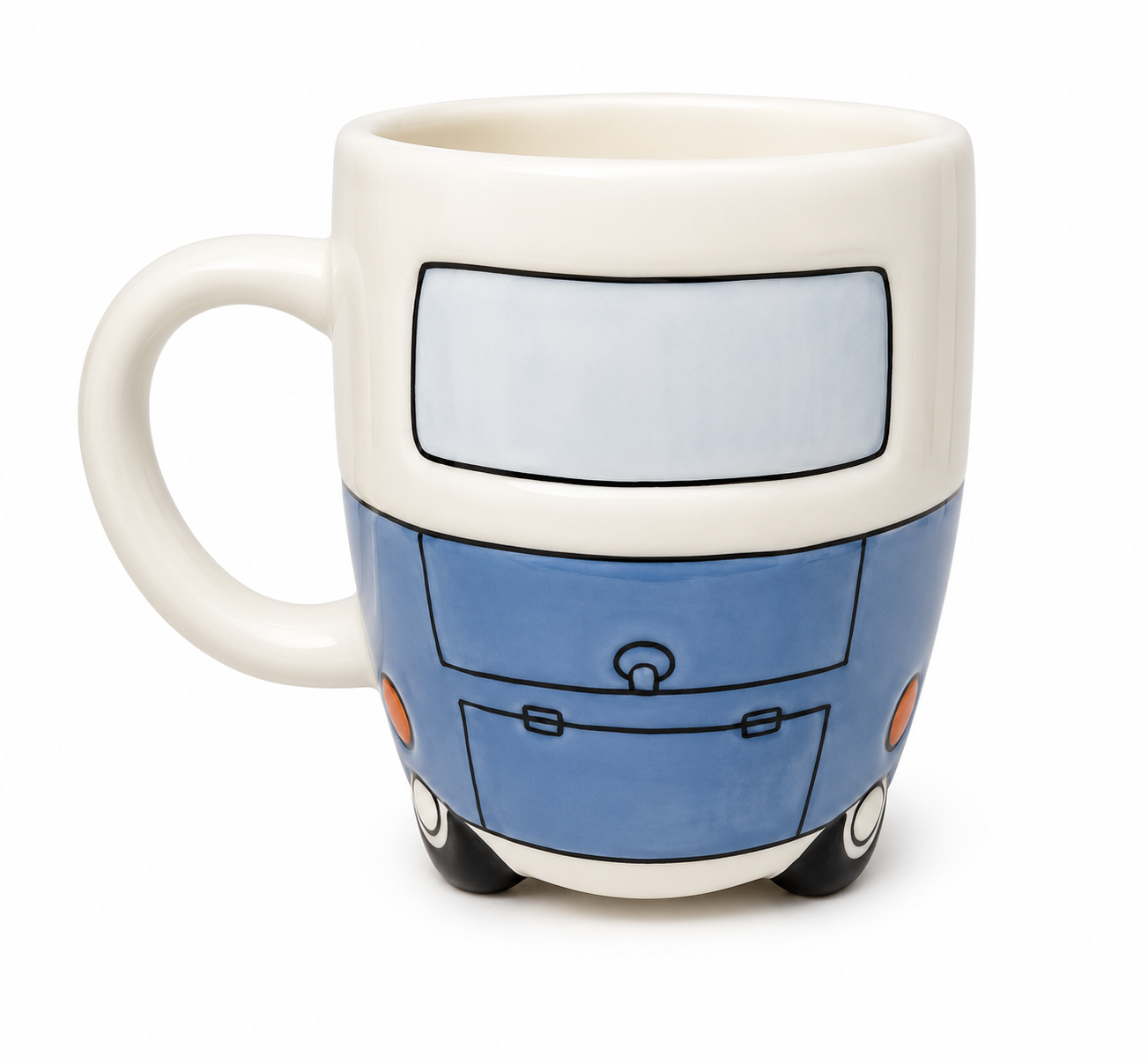 Rear view of blue Kombi van ceramic mug showing back door, latch detail and tail lights on white background