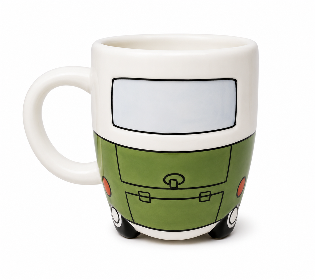 Rear view of green Kombi van ceramic mug showing back door, latch detail and tail lights on white background