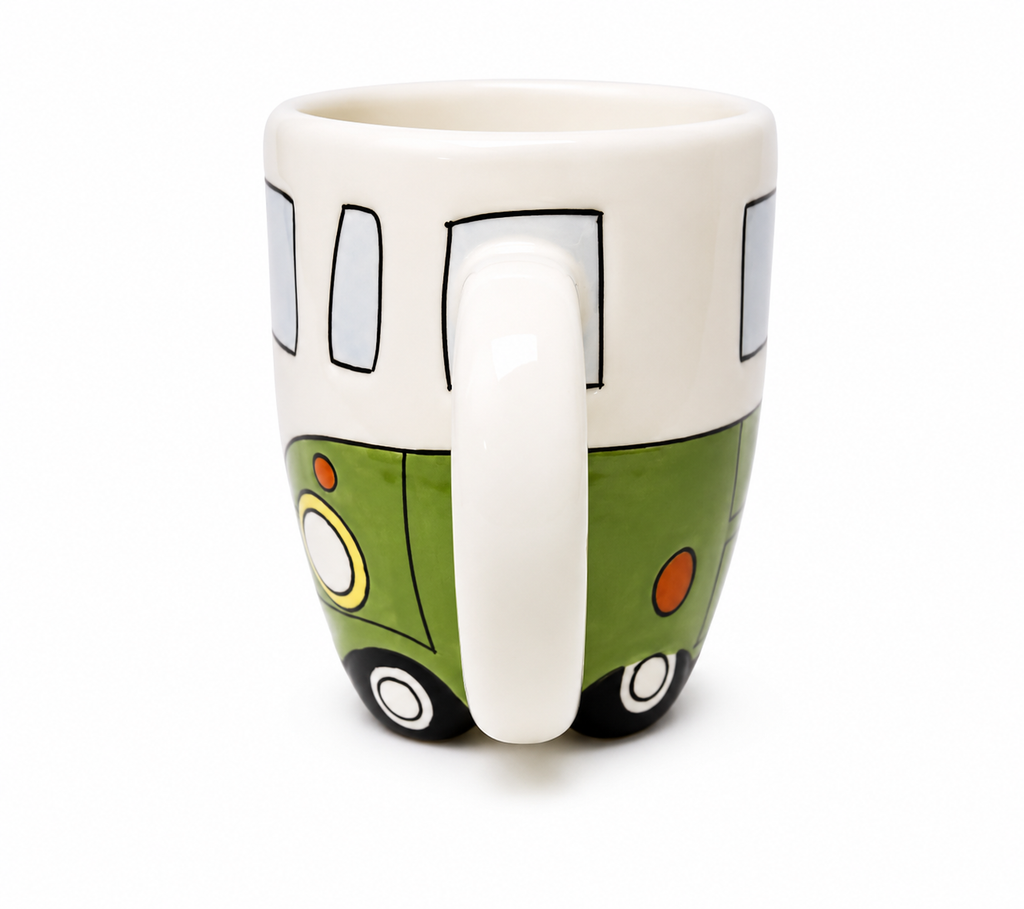 Side view of green and white Kombi van ceramic mug showing side windows and handle detail on white background