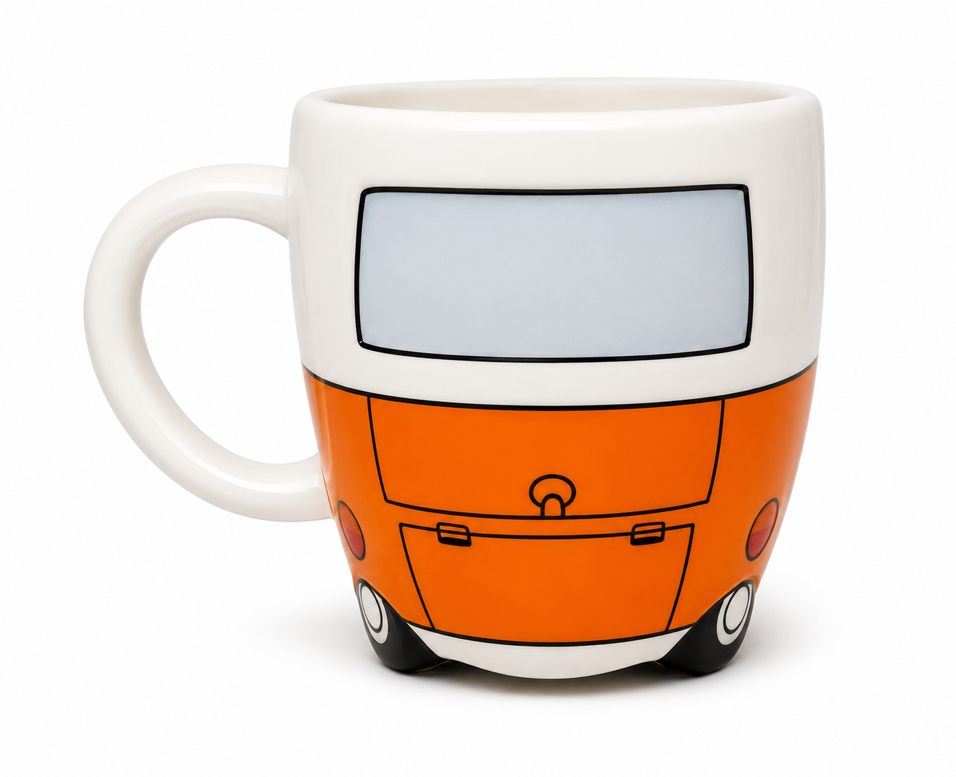 Rear view of orange Kombi van ceramic mug showing back door, latch detail and tail lights on white background