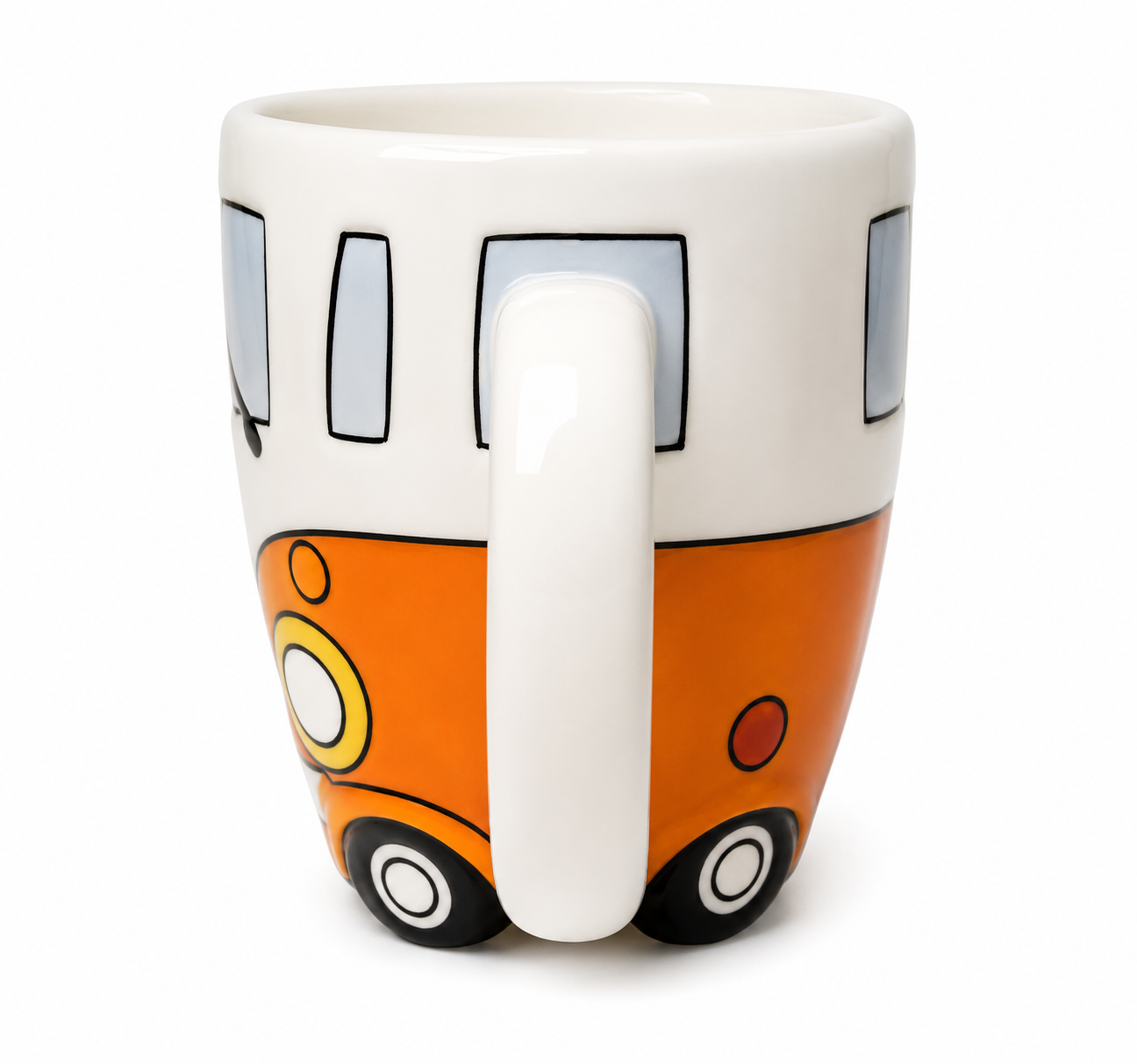 Side view of orange and white Kombi van ceramic mug showing side windows and handle detail on white background