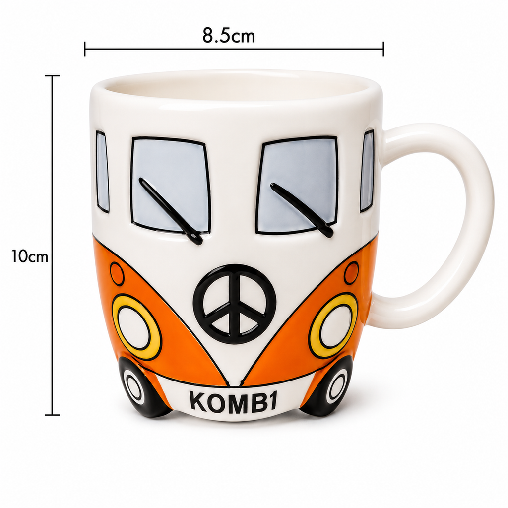 Orange Kombi van ceramic mug dimensions — 8.5cm wide by 10cm tall, front view showing KOMB1 number plate and peace sign on white background