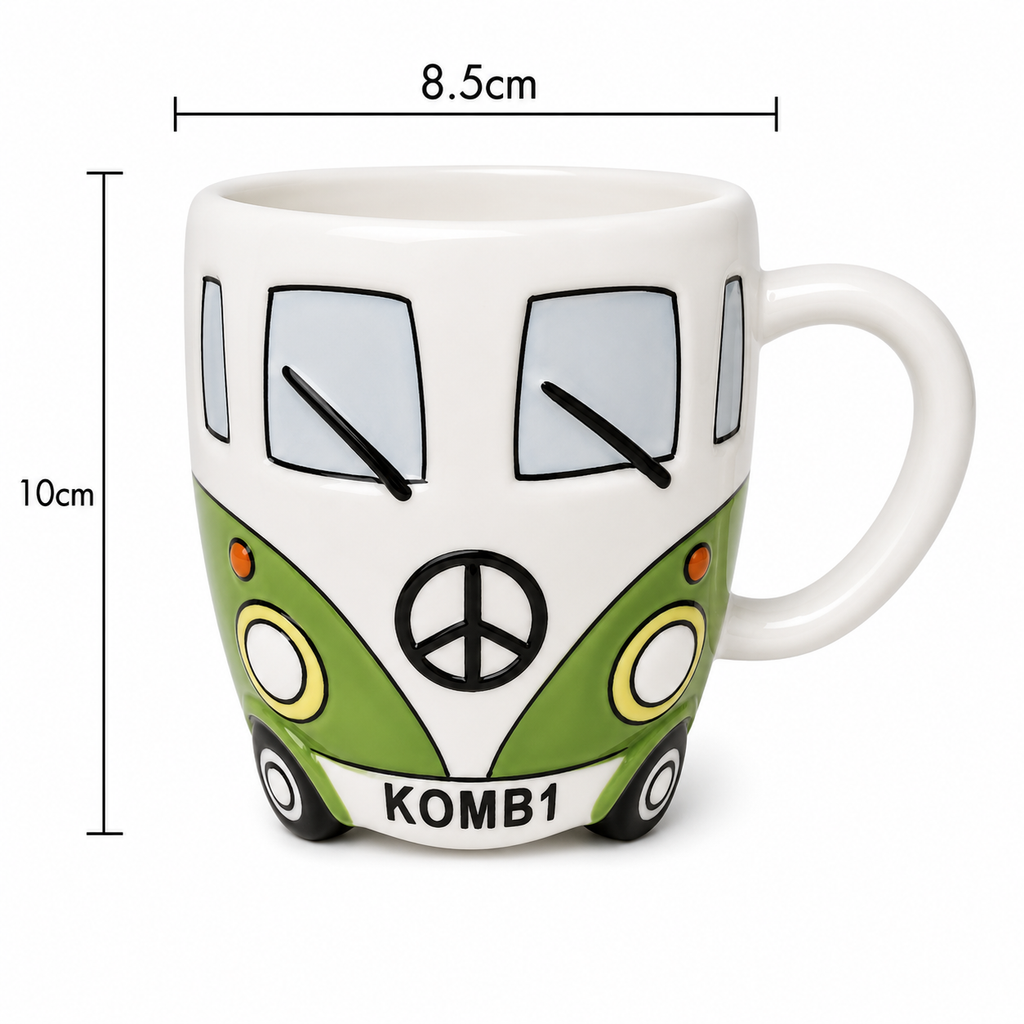 Green Kombi van ceramic mug dimensions — 8.5cm wide by 10cm tall, front view showing peace sign and headlights on white background