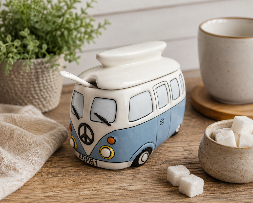 Blue Kombi ceramic sugar bowl with surfboard lid on a wooden table styled with sugar cubes, a stoneware mug and greenery