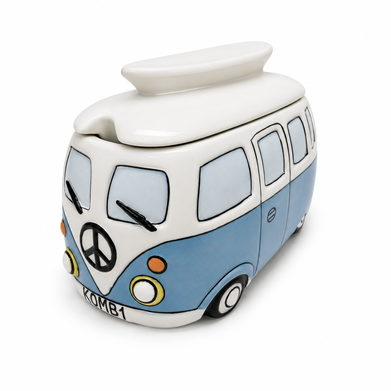 Blue Kombi sugar bowl three-quarter view on white background, showing surfboard-shaped removable lid and full van body with side windows and wheels
