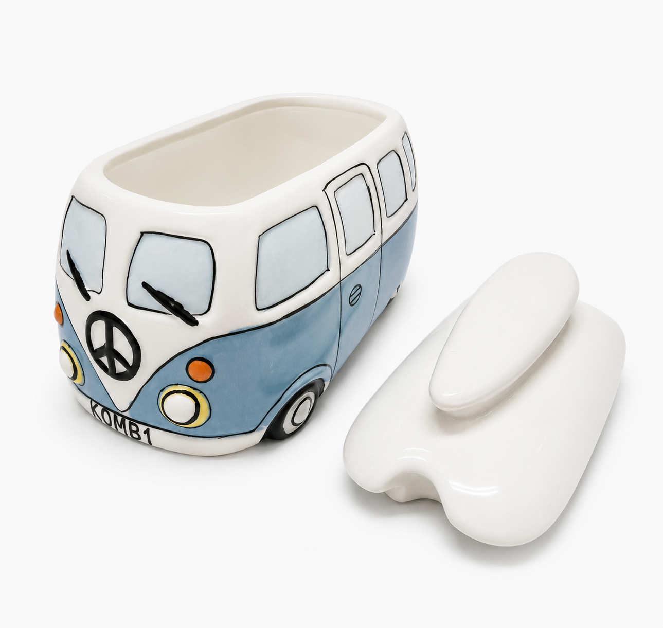 Blue Kombi sugar bowl open with lid removed on white background, showing the open interior and surfboard lid detail