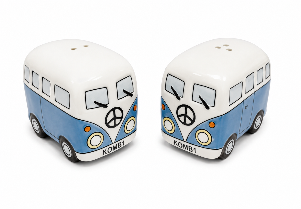  Kombi salt and pepper shaker set shown from a three-quarter angle on white background, showing side windows, wheels, and full van body detail