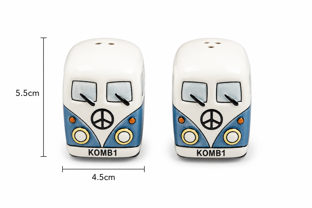 Kombi salt and pepper shakers front view on white background with dimensions — 5.5cm tall, 4.5cm wide