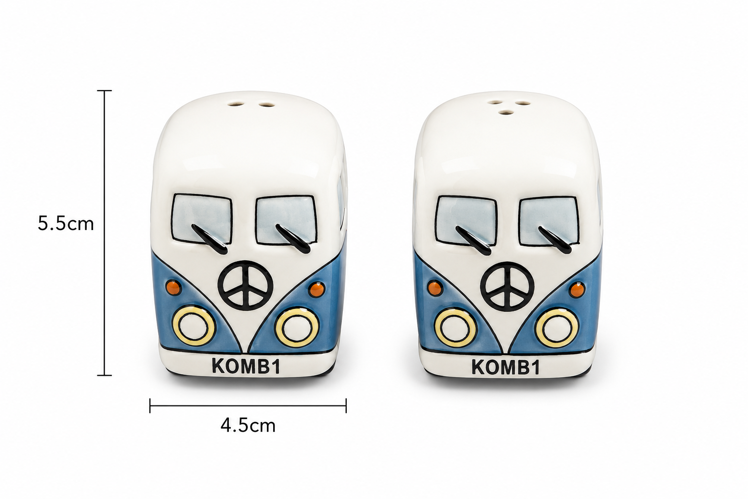 Kombi salt and pepper shakers front view on white background with dimensions — 5.5cm tall, 4.5cm wide