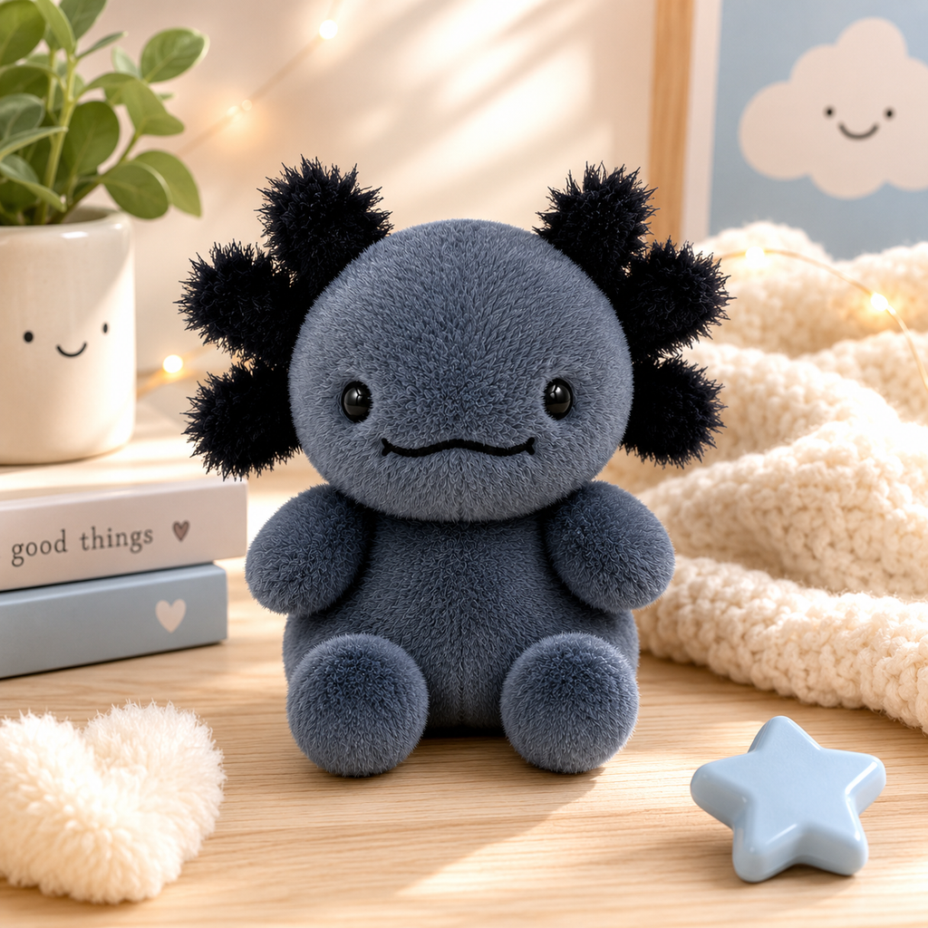 Onyx Axolotl Palm Pal plush sitting on a wooden shelf styled with fairy lights, a knit blanket, books and a blue star — slate blue body with black fluffy gills