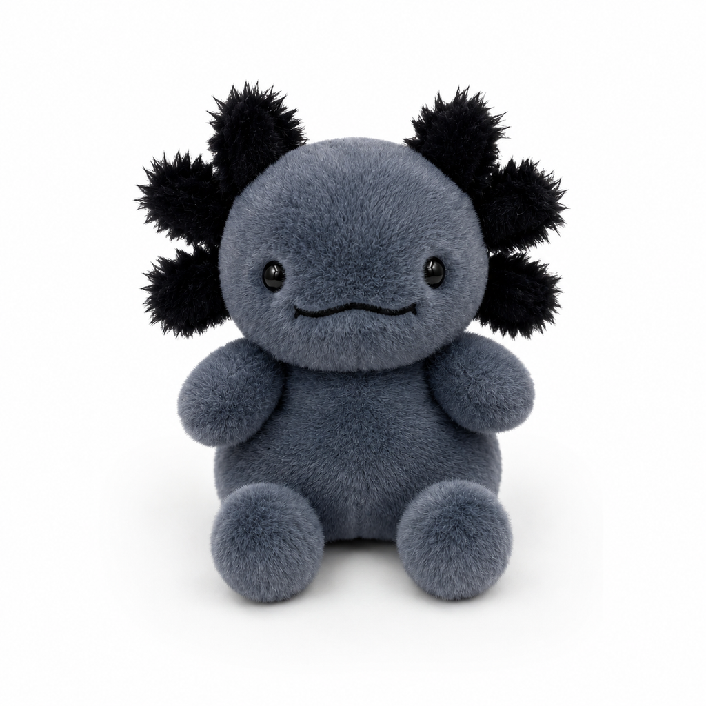 Onyx Axolotl Palm Pal plush front view on white background, showing slate blue plush body, black spiky gill plumes, black bead eyes and stitched smile
