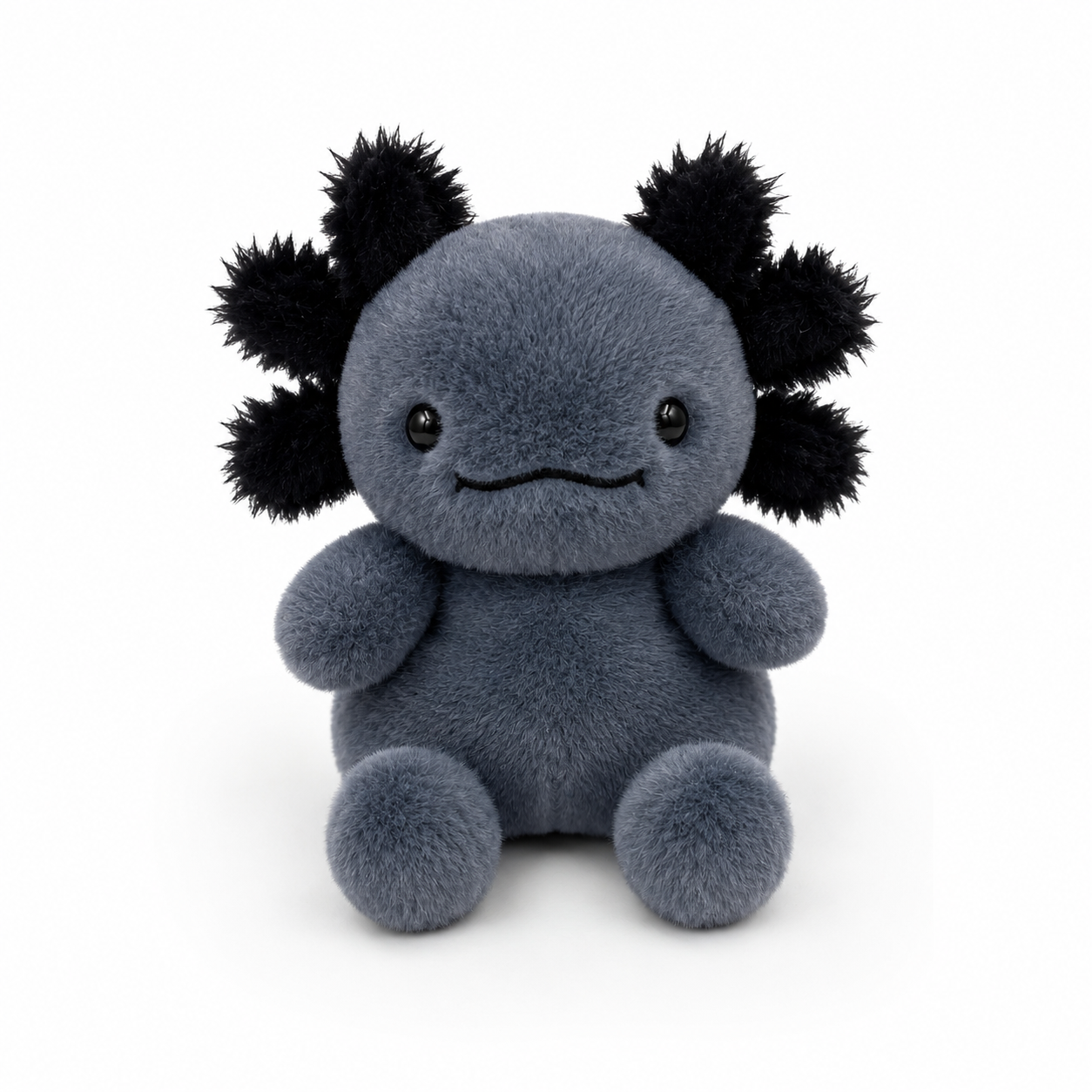Onyx Axolotl Palm Pal plush front view on white background, showing slate blue plush body, black spiky gill plumes, black bead eyes and stitched smile
