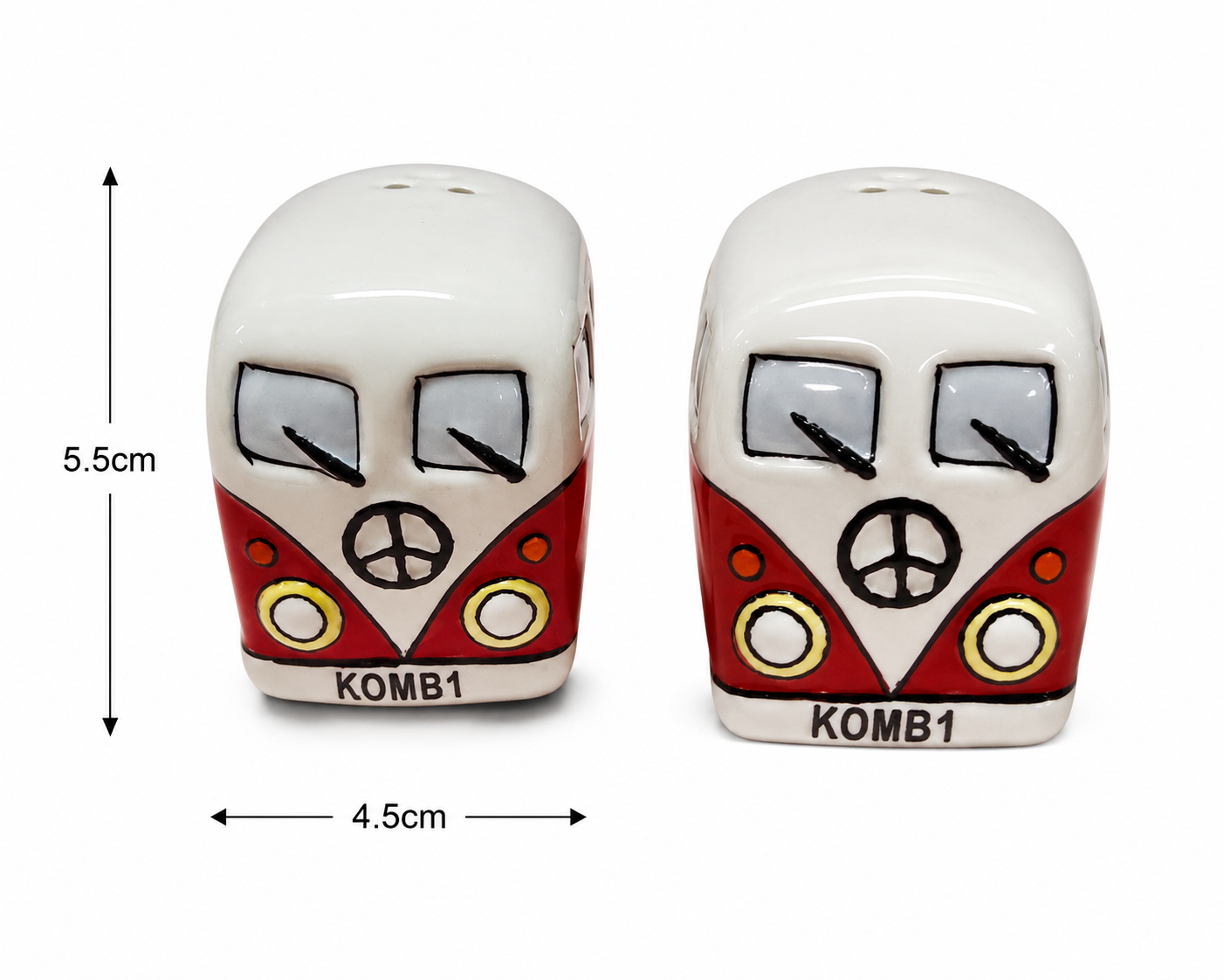  Red Kombi salt and pepper shakers front view on white background with dimensions — 5.5cm tall, 4.5cm wide