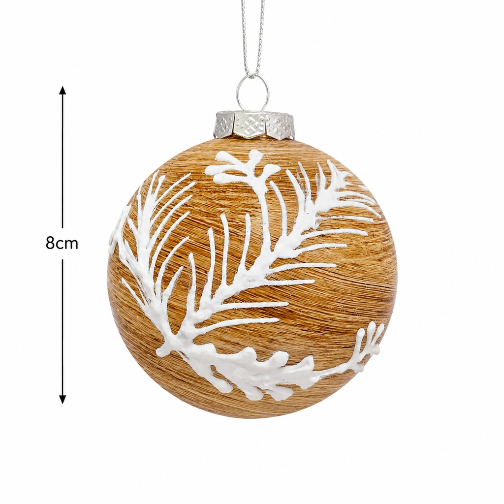 Single champagne glass bauble with white dimensional pine branch decoration, silver cap and hanging cord, shown against white background with 8cm size indicator