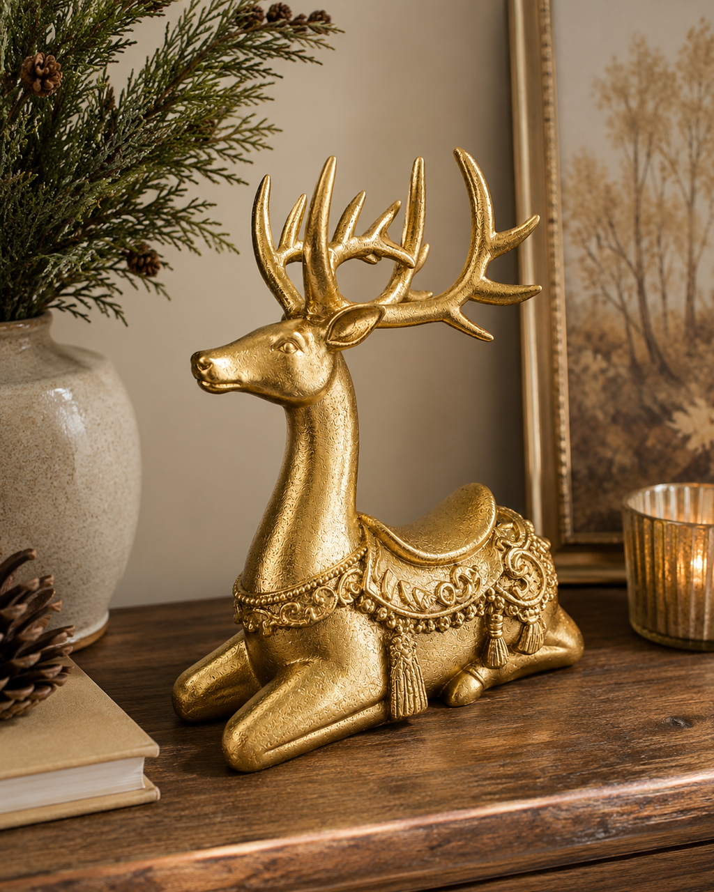 Gold ornate sitting reindeer figurine styled on a wooden sideboard with pine greenery, pinecones, stacked books, and a gold votive candle — festive Christmas home decor vignette
