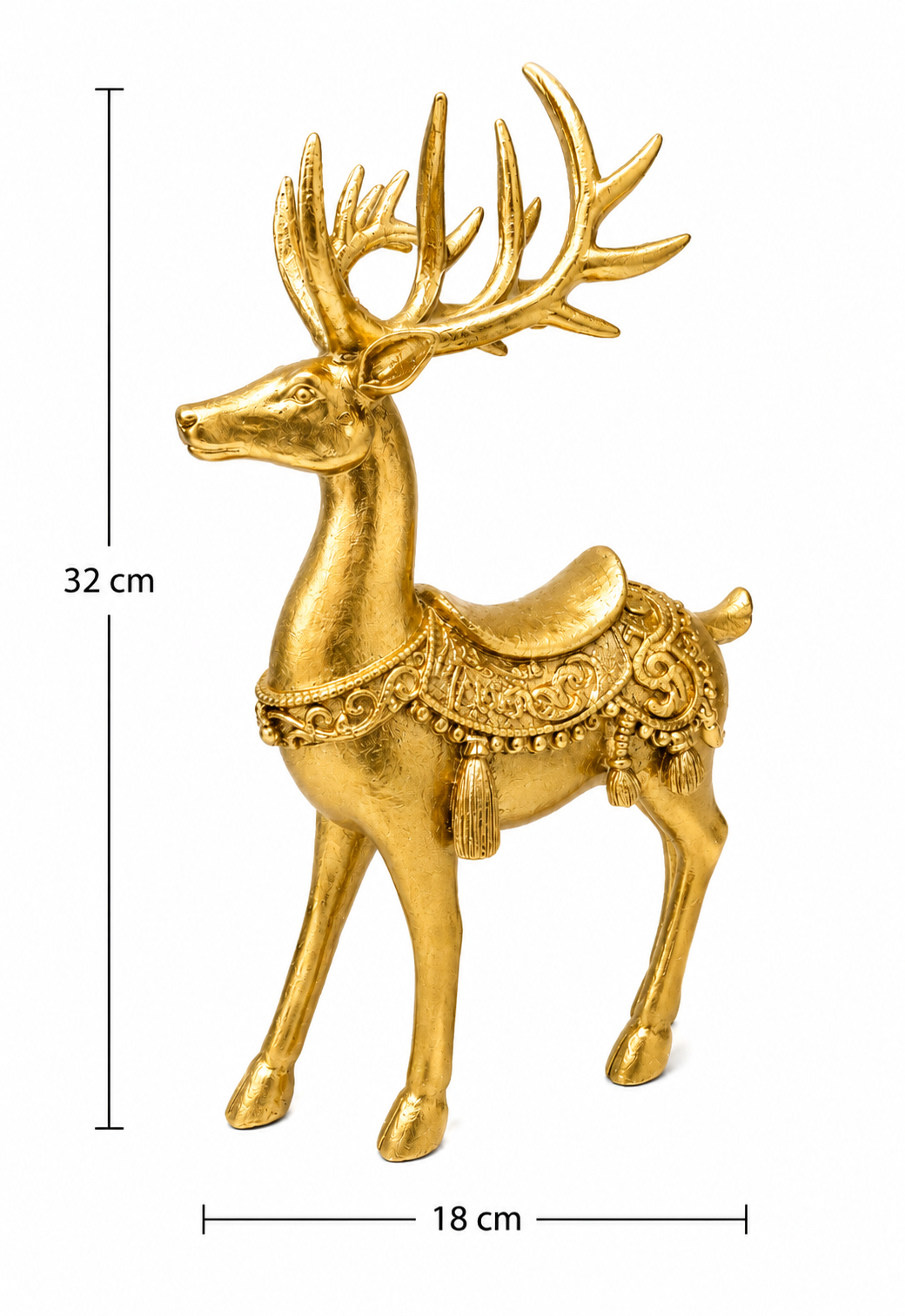 Gold reindeer figurine shown against white background with dimensions — 32cm tall, 18cm wide — full detail of antlers, textured surface and decorative saddle
