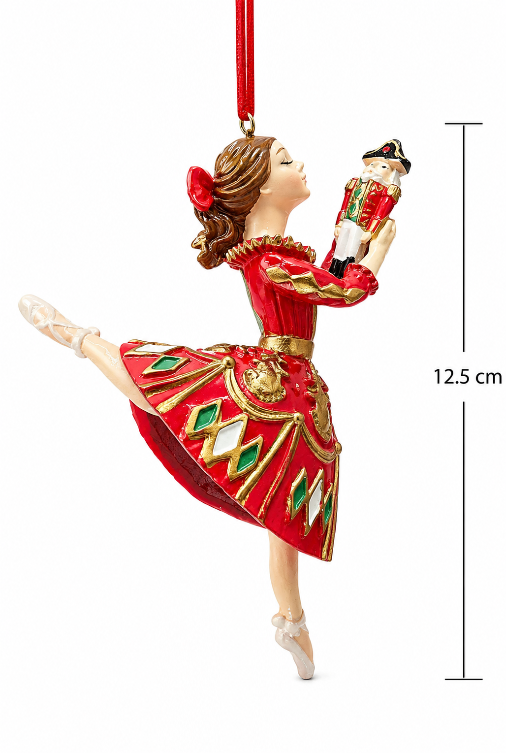 Clara the Ballerina hanging ornament shown against white background with 12.5cm size indicator, full detail of red and gold costume, white pointe shoes and red satin ribbon
