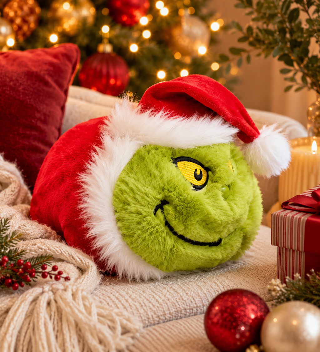 Santa Grinch Spudster plush resting on a cream knit throw surrounded by Christmas ornaments, fairy lights, red cushions, and a striped gift box — festive Christmas home setting