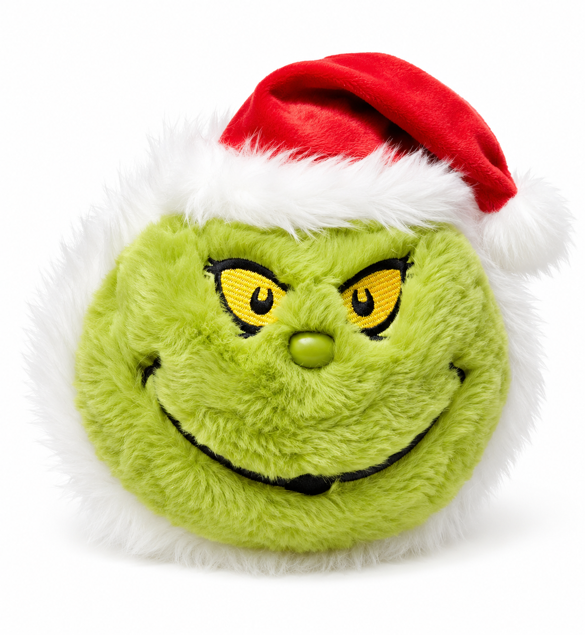 Close-up front view of Santa Grinch Spudster plush face showing embroidered yellow and black eyes, moulded green nose, black embroidered smirk, white fluffy fur trim, and red Santa hat with white pompom