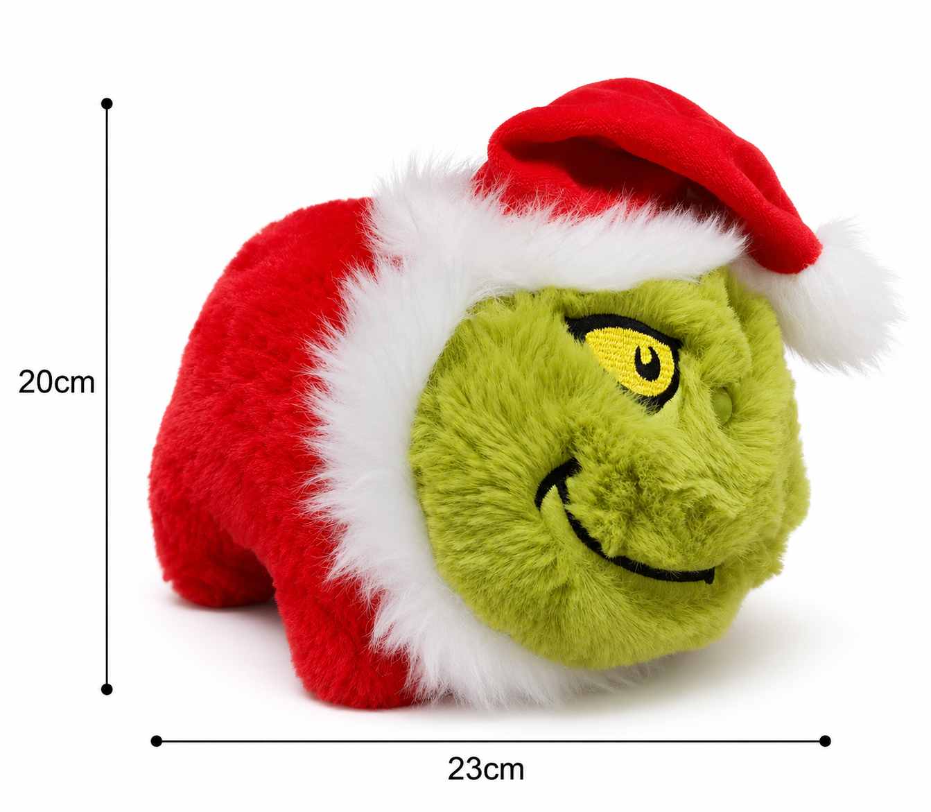Santa Grinch Spudster plush on white background showing full dimensions — 23 cm wide and 20 cm tall — in red Santa suit body with white fluffy trim and green plush face