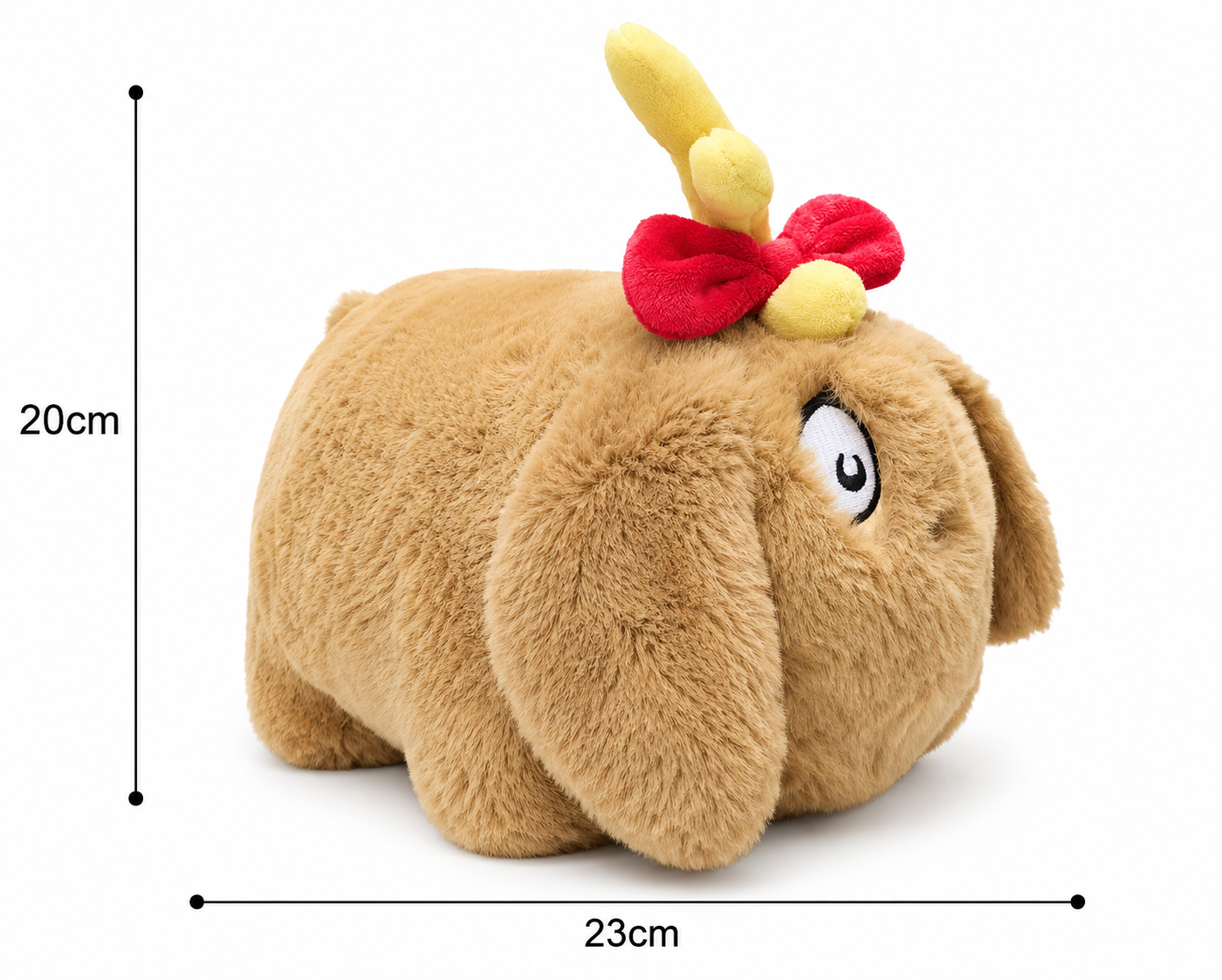 Max the Dog Spudster plush on white background showing full dimensions — 23 cm wide and 20 cm tall — with yellow antler, red bow, and long floppy ears