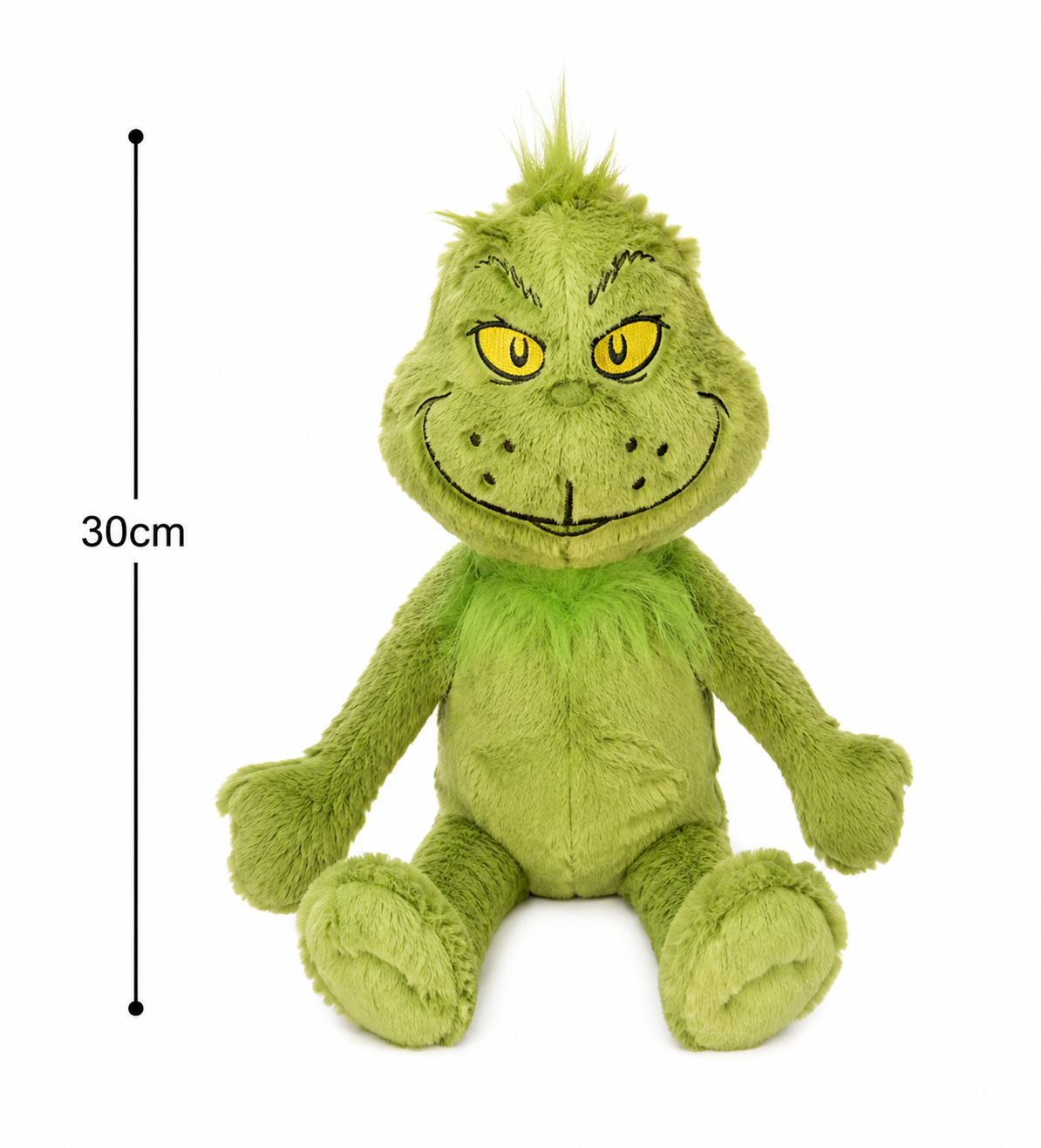 The Grinch plush soft toy on a white background with a 30cm height measurement indicator showing full seated size